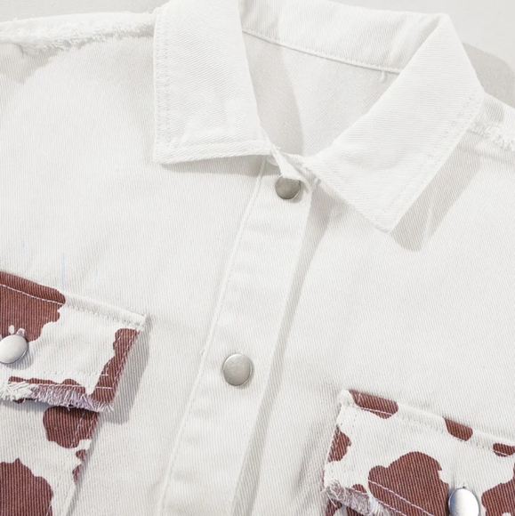 Cow Patchwork Oversized Denim Button-Up Collar Jean Jacket Frayed Exposed Seam - Picture 14 of 16